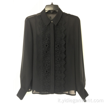 Camicia a maniche lunghe in pizzo nero da donna